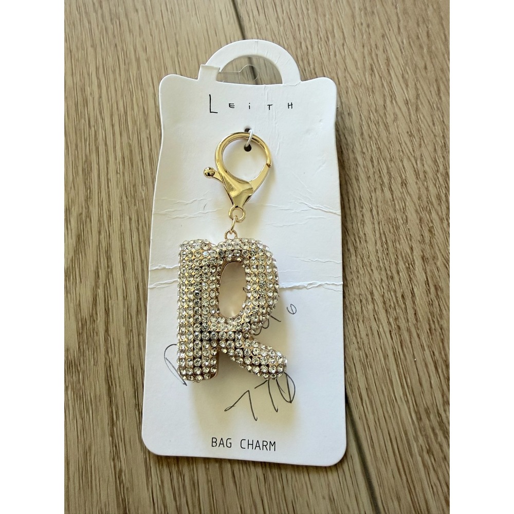 Leith Gold Tone Rhinestone Initial R Bag Charm Crystal Pave Keychain Accessory